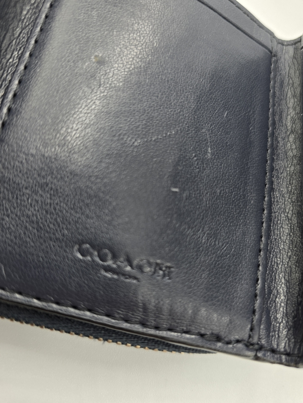 COACH Navy Blue Signature Snowflake Compact Trifold Wallet with Silver Logo - Picture 12 of 15